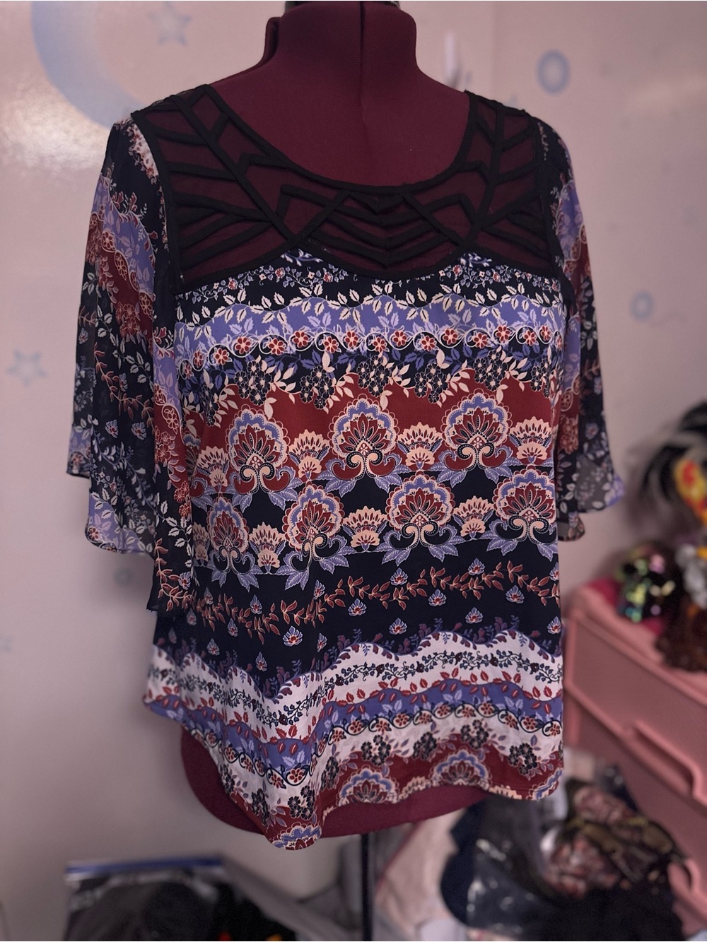 Ny Collection Navy and Burgundy Floral Mesh Yoke Blouse